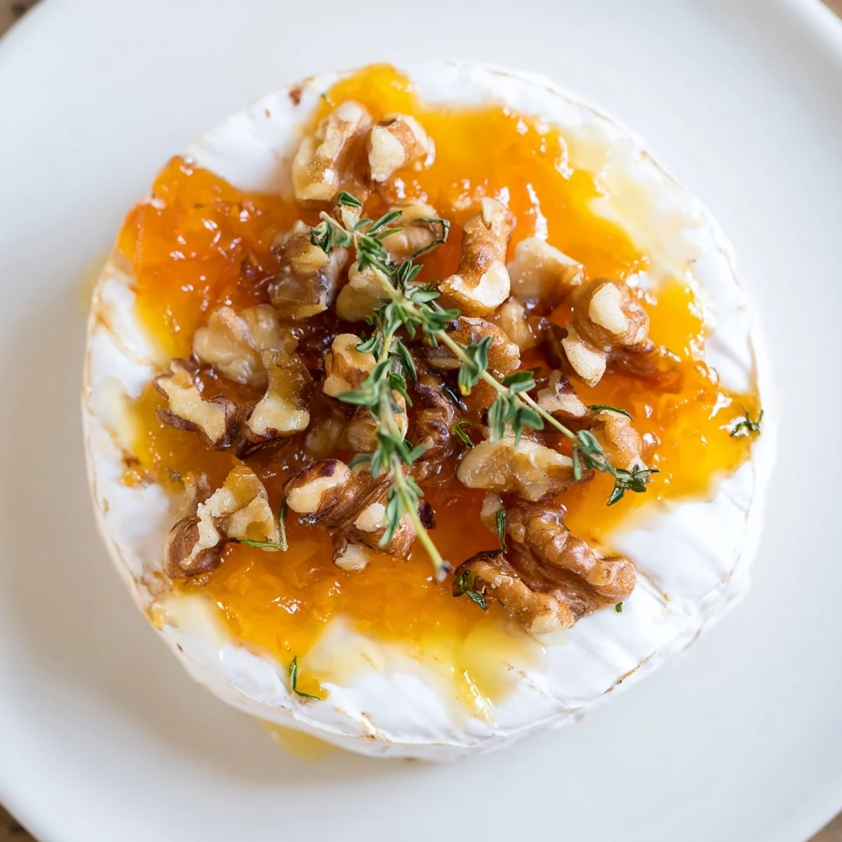 Melted Baked Brie with Apricot Preserves and Walnuts bubbling slightly, topped with toasted walnuts and a drizzle of apricot glaze beside crunchy crackers and apple slices.
