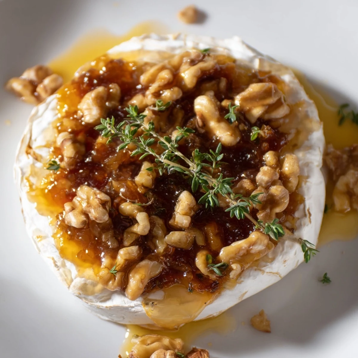 Baked Brie with Apricot Preserves and Walnuts arranged in an ovenproof dish, garnished with fresh thyme, ready to serve with baguette wedges and a glass of white wine.
