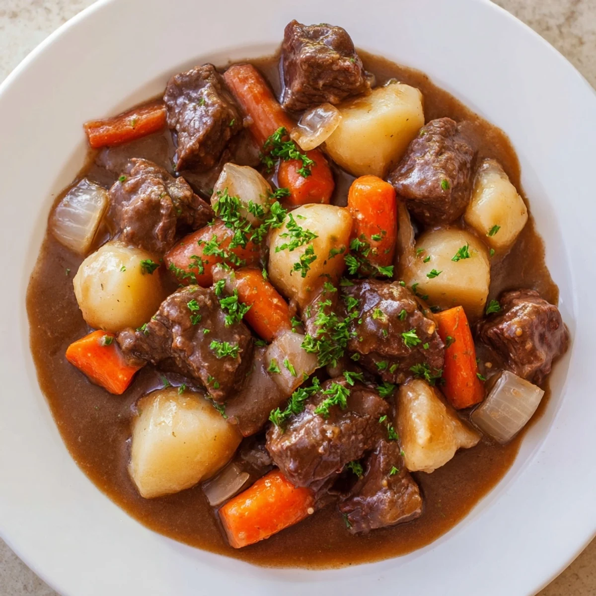 A close-up of Irish Beef Stew with Rich Brown Gravy, featuring tender beef chunks and carrots in a glossy, savory gravy.