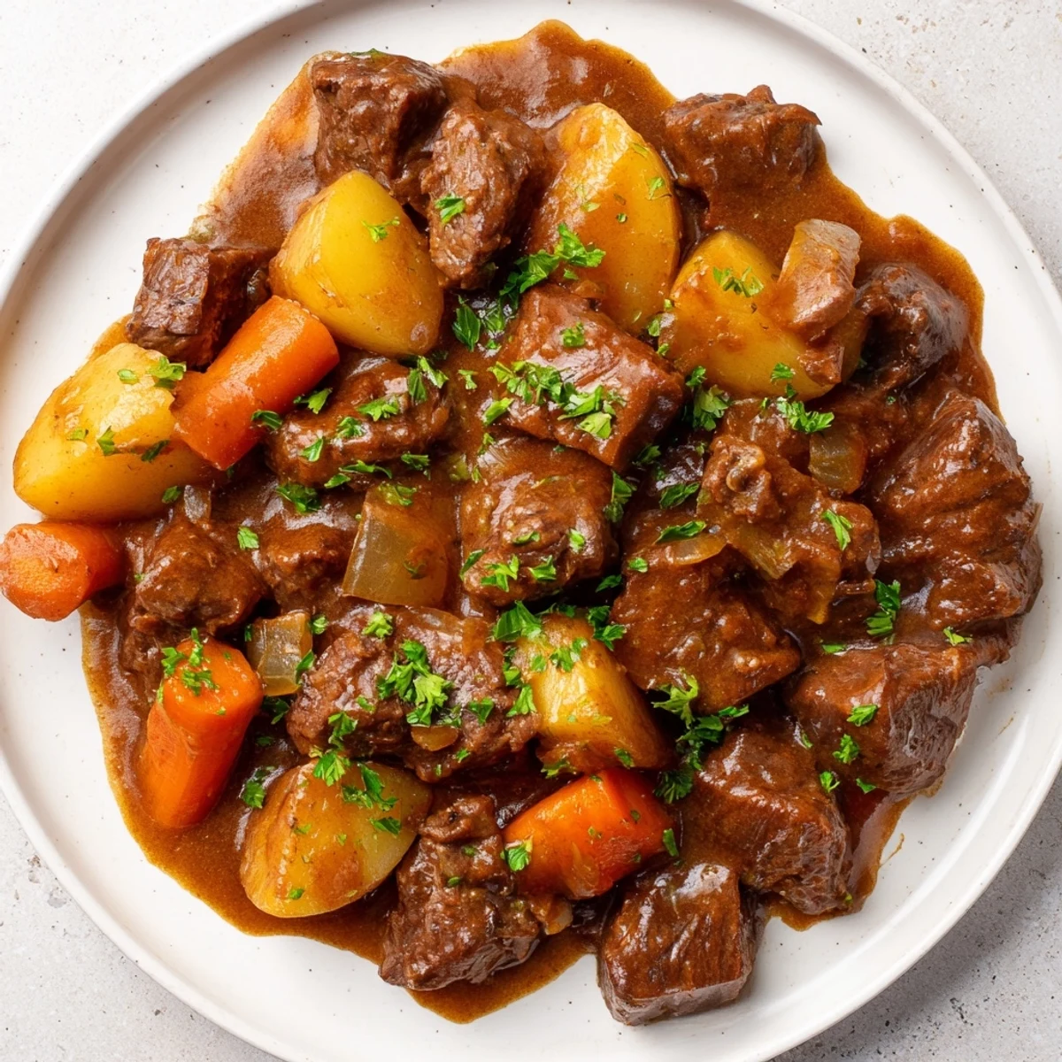 The pot of Irish Beef Stew with Rich Brown Gravy is garnished with fresh parsley and steam rises invitingly above.
