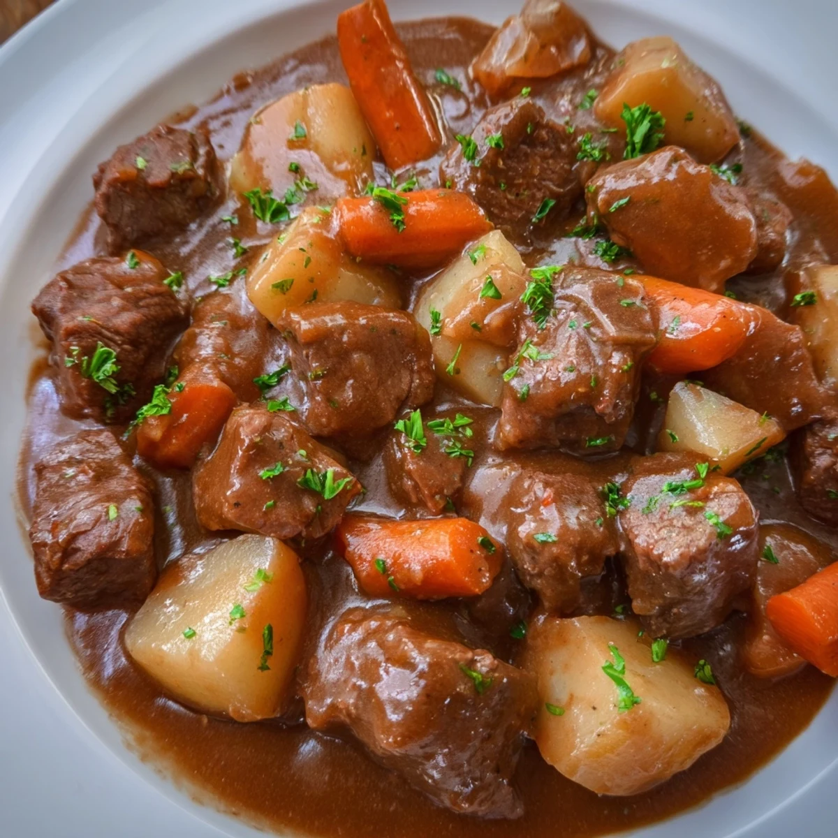 In a rustic ceramic bowl, Irish Beef Stew with Rich Brown Gravy sits beside crusty bread for dipping.