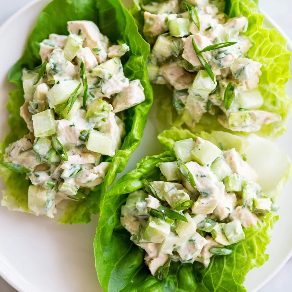 Juicy Green Goddess Chicken Salad Lettuce Wraps served chilled, topped with sliced green onions for a bright, crunchy bite.