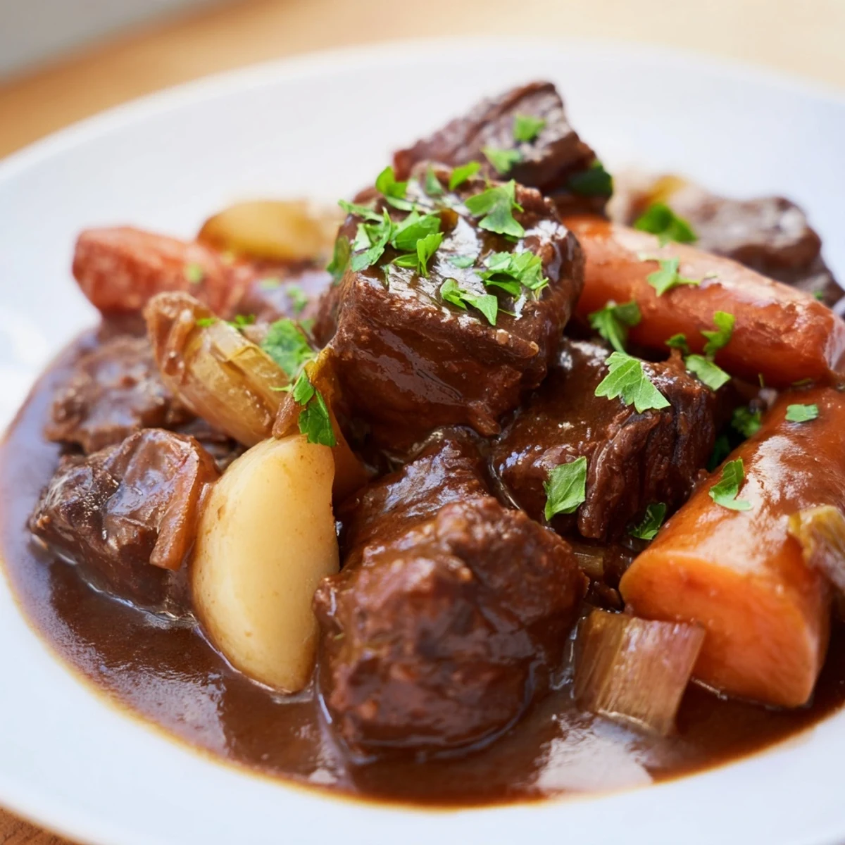A steaming bowl of Irish Beef Stew with Rich Gravy, featuring tender beef chunks, carrots, and potatoes, topped with fresh parsley.