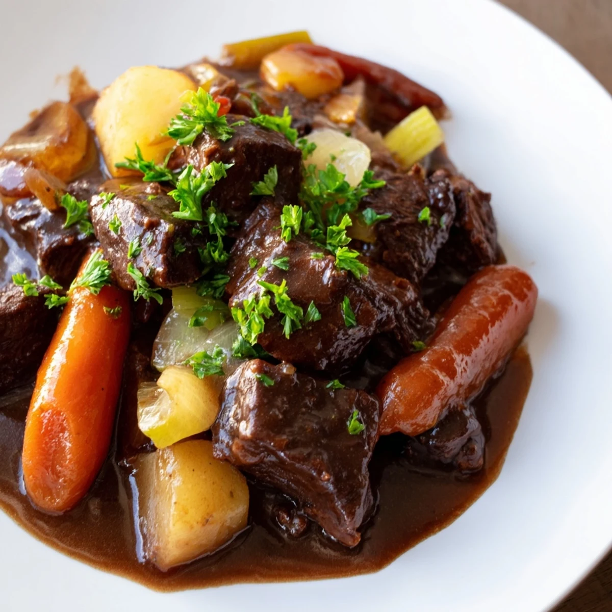 Irish Beef Stew with Rich Gravy ladled from a Dutch oven, showing thick savory broth and soft root vegetables, with crusty bread nearby.