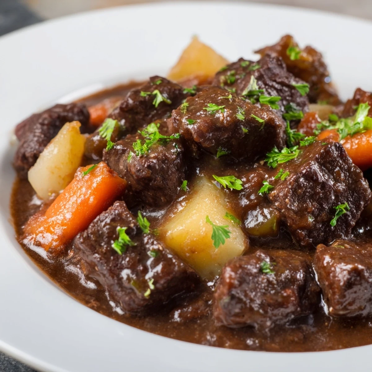 Hearty Irish Beef Stew with Rich Gravy served in a rustic bowl, garnished with parsley, perfect for a cold winter evening meal.