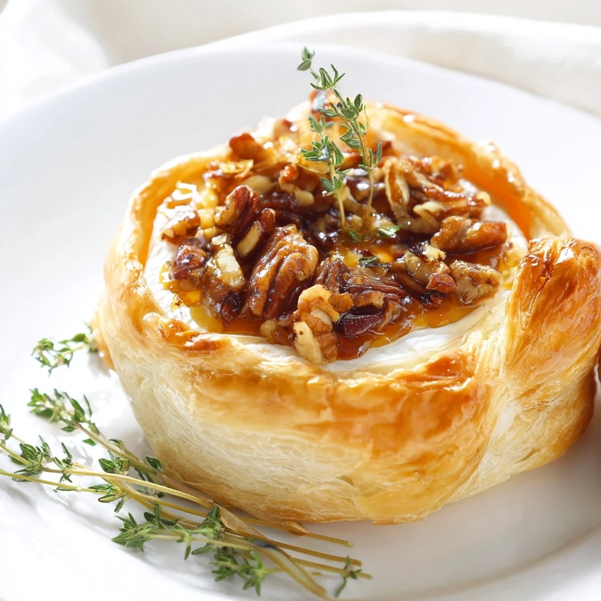 A warm Baked Brie with Apricot Preserves and Pecans sits on a wooden board, served with crackers.