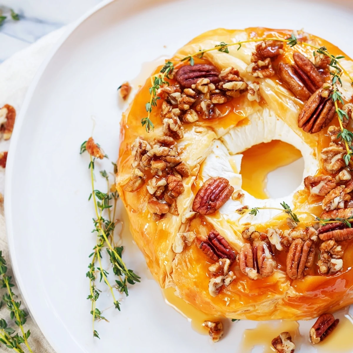 The golden puff pastry of Baked Brie with Apricot Preserves and Pecans is ready to slice.