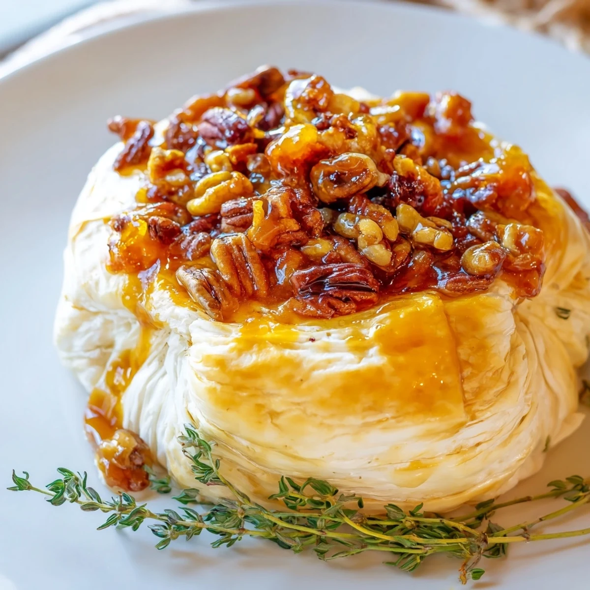 A gooey slice of Baked Brie with Apricot Preserves and Pecans paired with baguette pieces.
