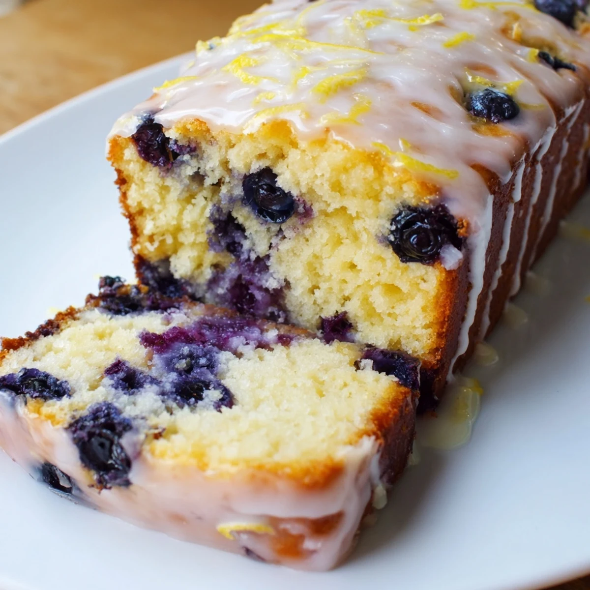 Close-up of a freshly baked Lemon Blueberry Yogurt Loaf Cake with a glossy lemon glaze dripping down the sides.