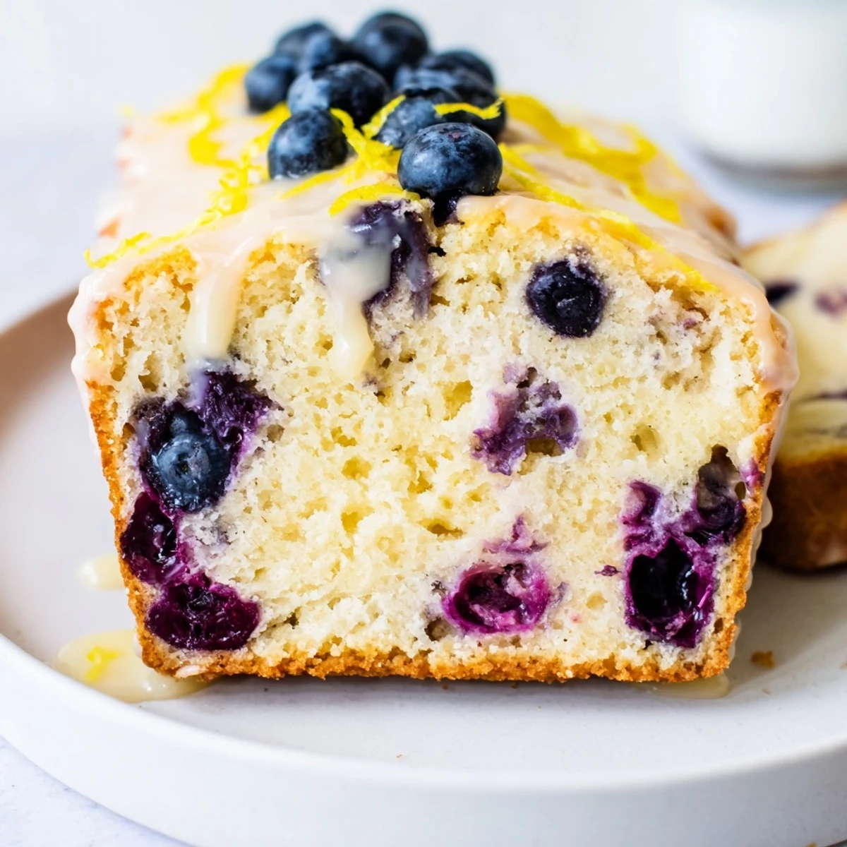 Slice of moist Lemon Blueberry Yogurt Loaf Cake on a white plate, showcasing juicy blueberries and bright citrus zest.