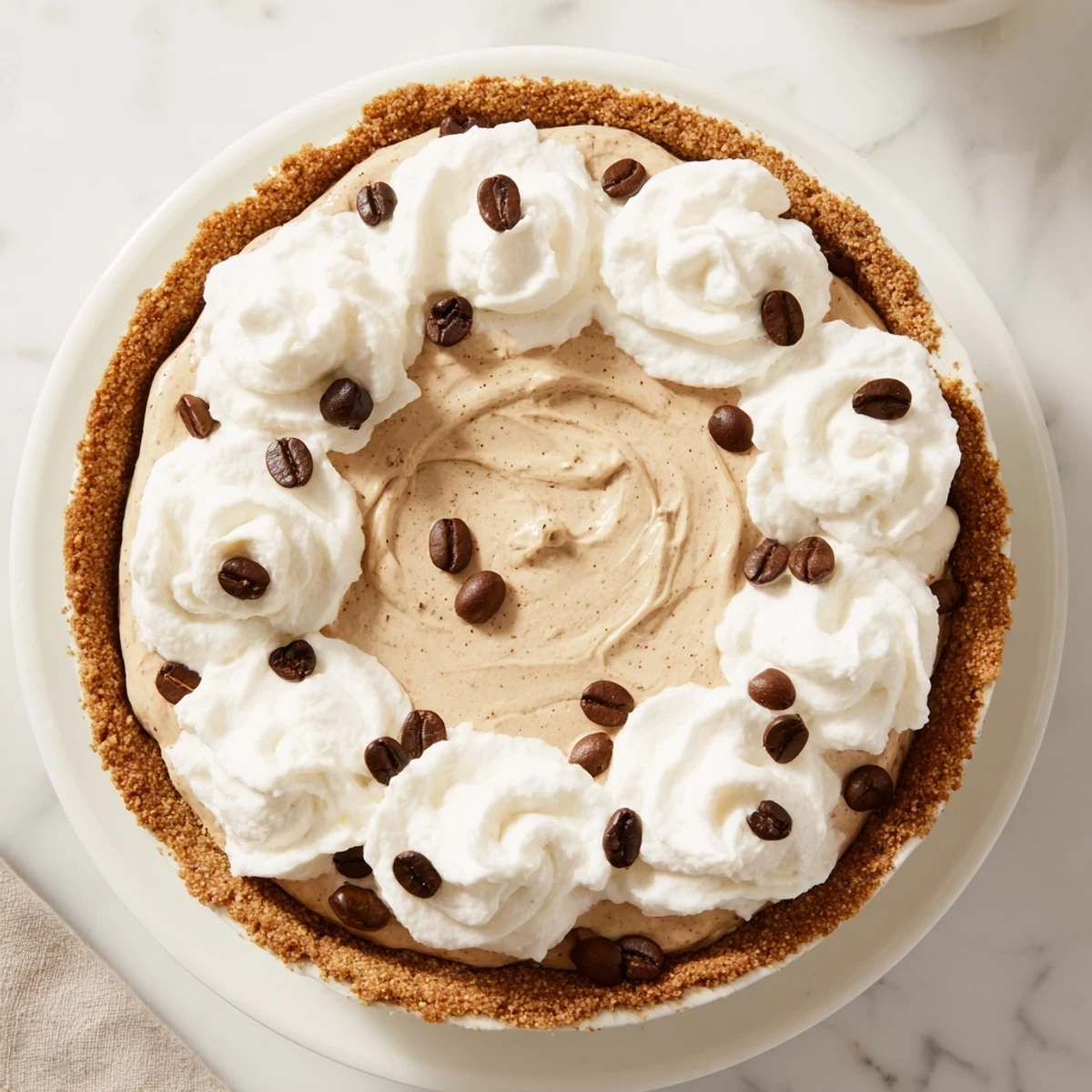 Top-down view of the Keto Cold Brew Coffee Pie in a glass pie dish, showing the smooth whipped topping and visible coffee specks.  