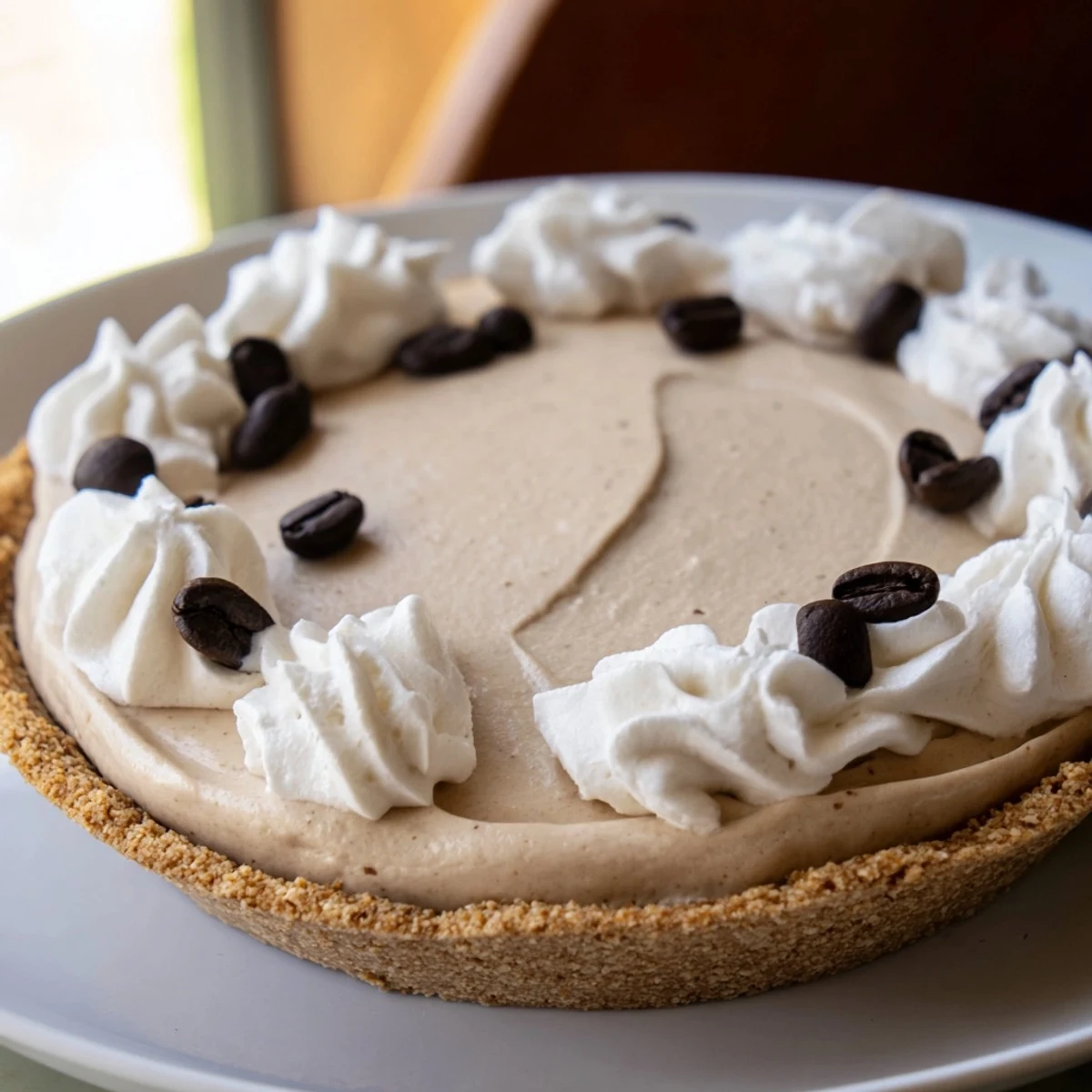 A slice of Keto Cold Brew Coffee Pie on a white plate, revealing the creamy filling and almond flour crust, garnished with a coffee bean.  