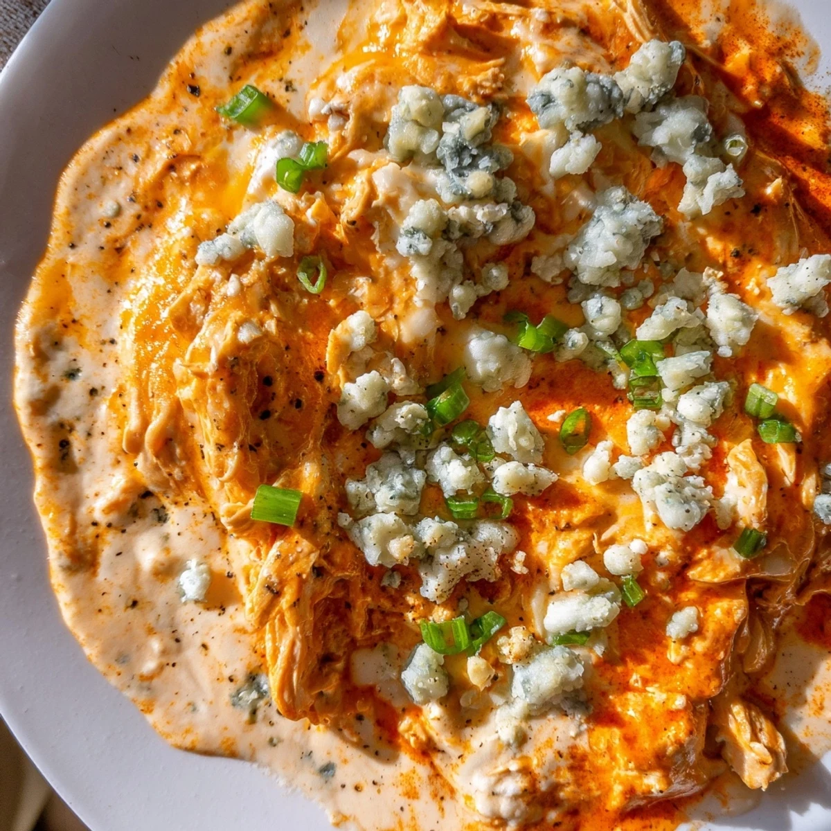 Game-day Keto Buffalo Chicken Dip in a ceramic dish, keto-friendly and low carb, surrounded by cucumber slices and blue cheese crumbles.