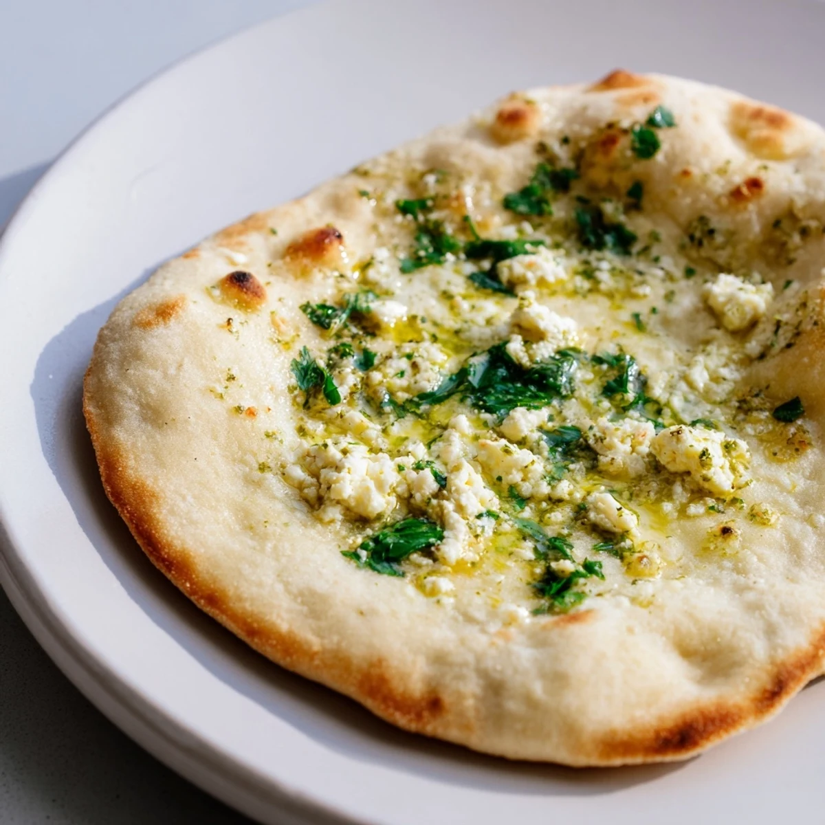 Hand holding a torn piece of Cottage Cheese Garlic Naan, exposing the steamy, spiced cottage cheese filling against a rustic backdrop.