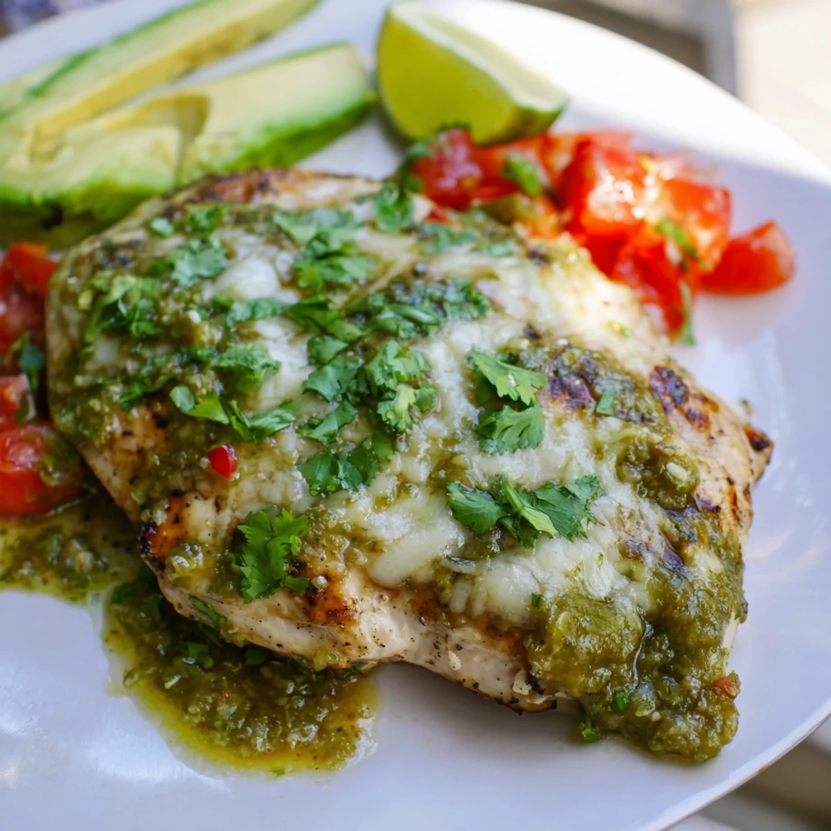 Juicy grilled chicken breasts topped with zesty salsa verde and melted pepper jack cheese for Grilled Salsa Verde Pepper Jack Chicken.