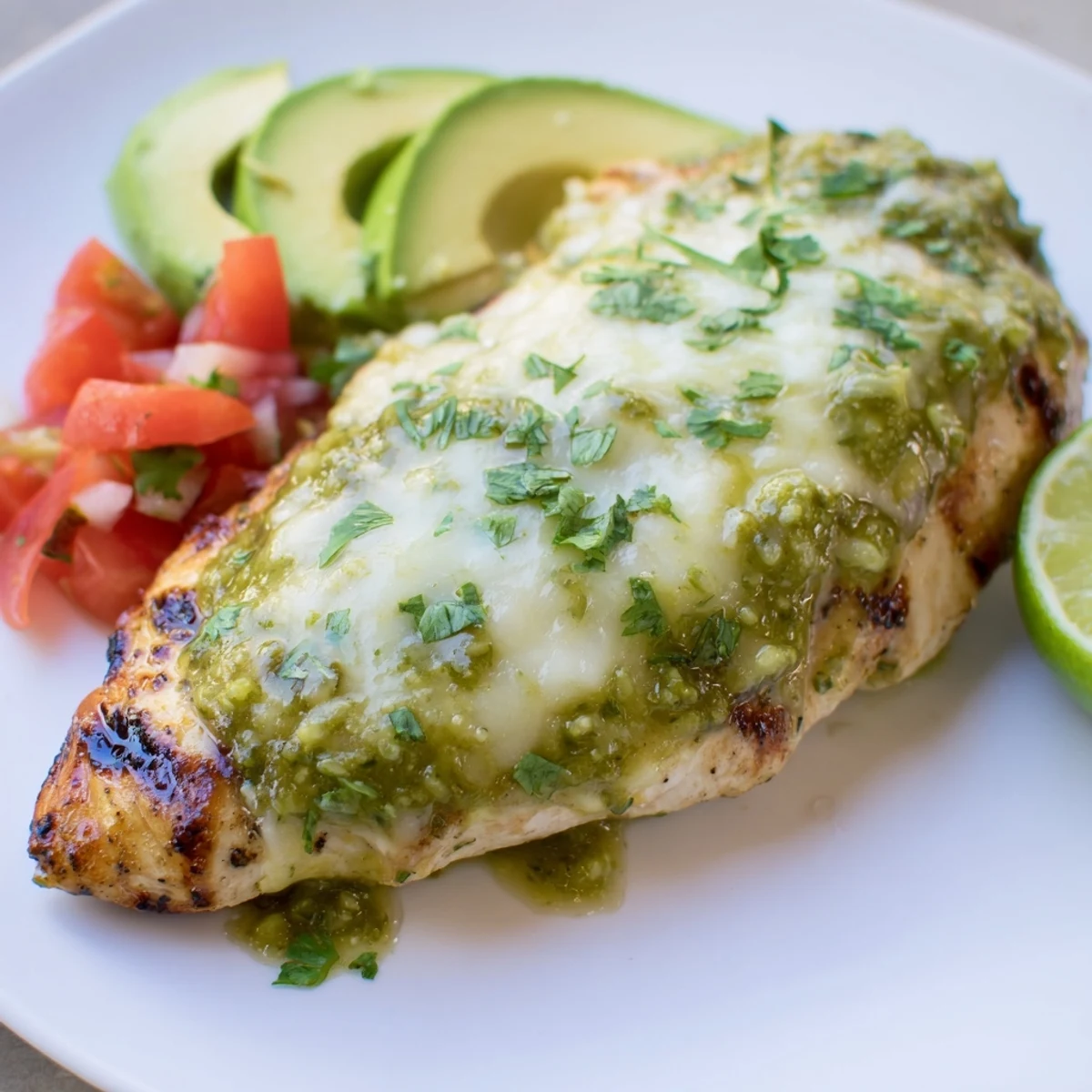Grilled Salsa Verde Pepper Jack Chicken served on a plate with avocado slices and lime wedges for a summer dinner.