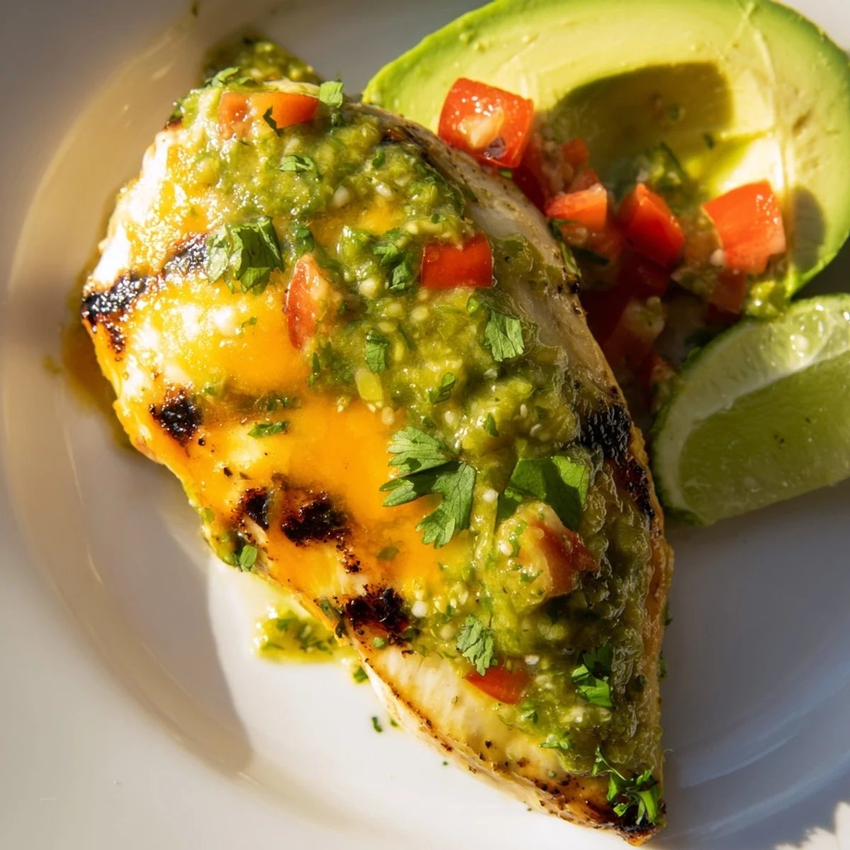 A close-up of Grilled Salsa Verde Pepper Jack Chicken, highlighting melted cheese and fresh cilantro garnish on a wooden board.