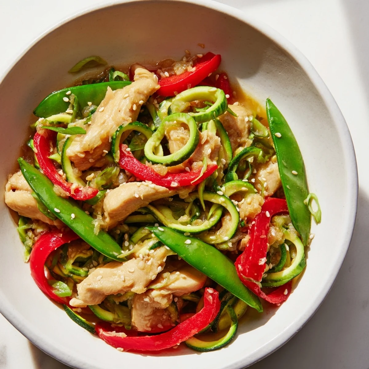 A close-up of Garlic Chicken Zucchini Noodles Stir Fry with vibrant bell peppers and snap peas glistening in garlic sauce.