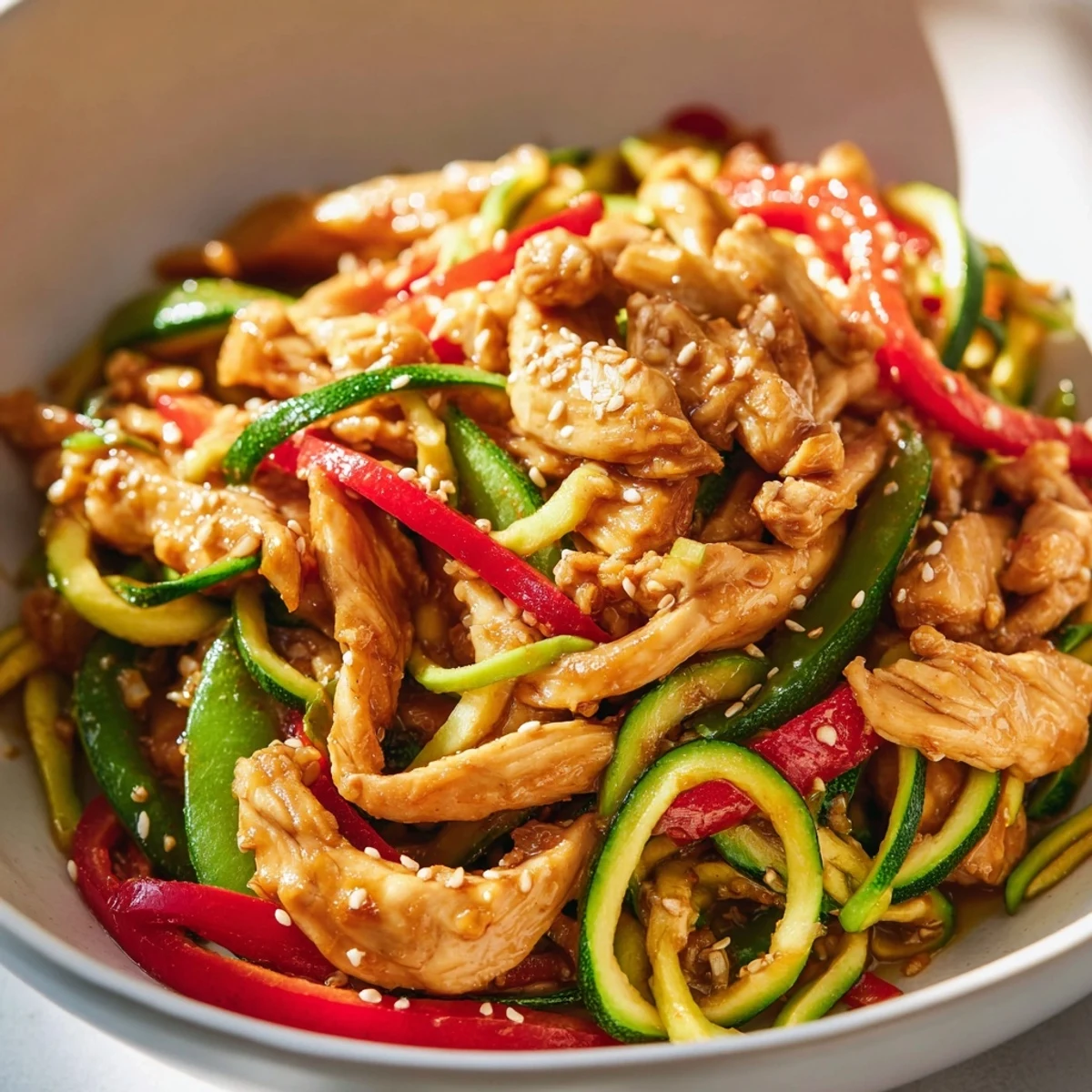 Tender chicken and crisp zucchini noodles in Garlic Chicken Zucchini Noodles Stir Fry garnished with sesame seeds.