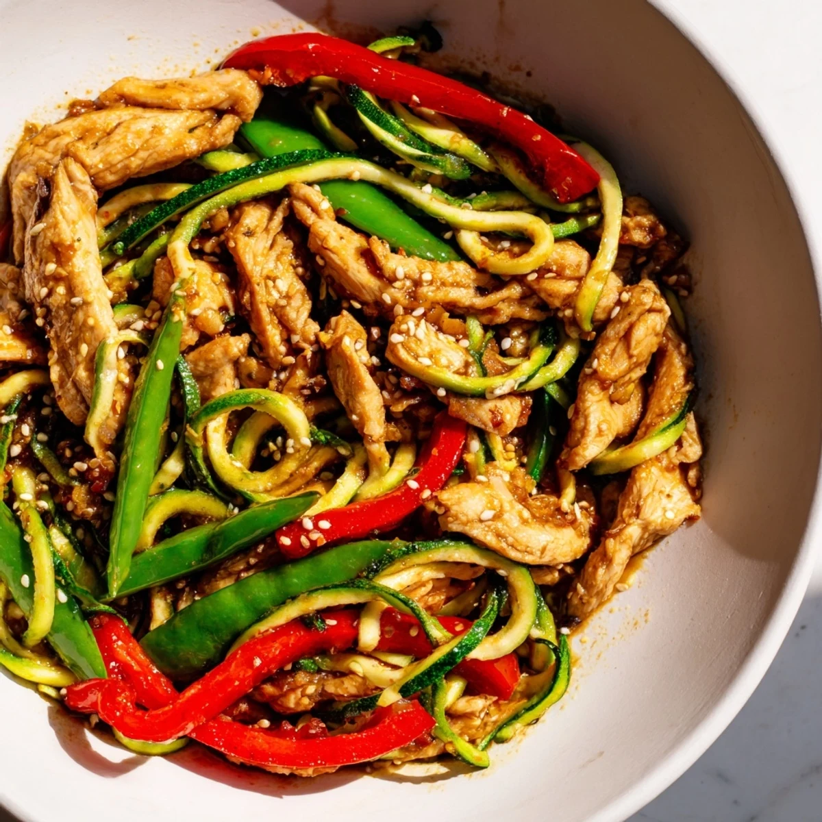 Garlic Chicken Zucchini Noodles Stir Fry served in a warm bowl, garnished with fresh cilantro, ready for a low-carb dinner.