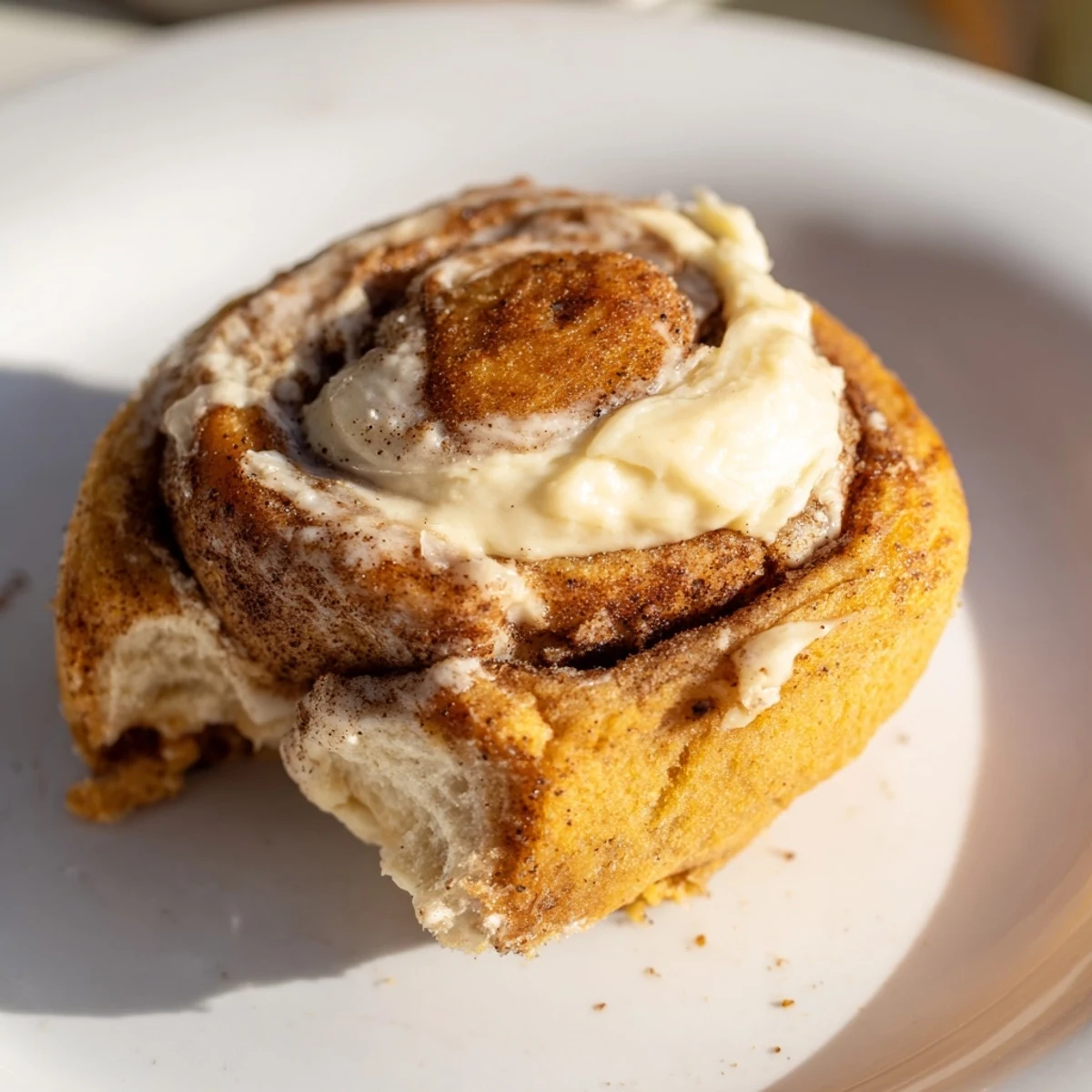 Close-up of warm Keto Cinnamon Buns glistening with cream cheese icing on a rustic wooden board.