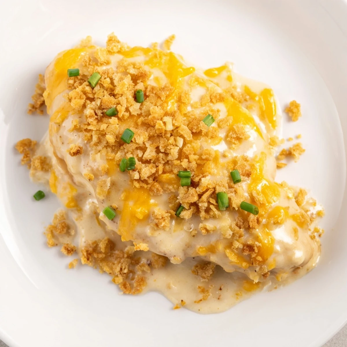 A comforting serving of Sour Cream and Onion Chicken alongside fluffy rice and bright steamed vegetables.