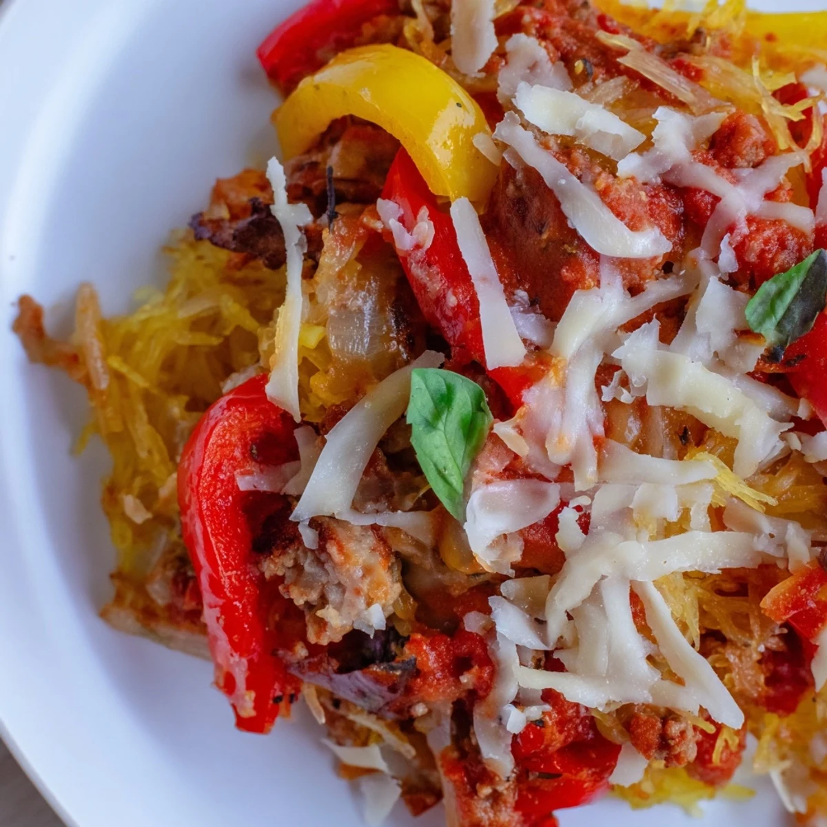 A close-up of the finished Sausage and Peppers Spaghetti Squash Casserole, showing melted mozzarella and bubbly tomato sauce on top.