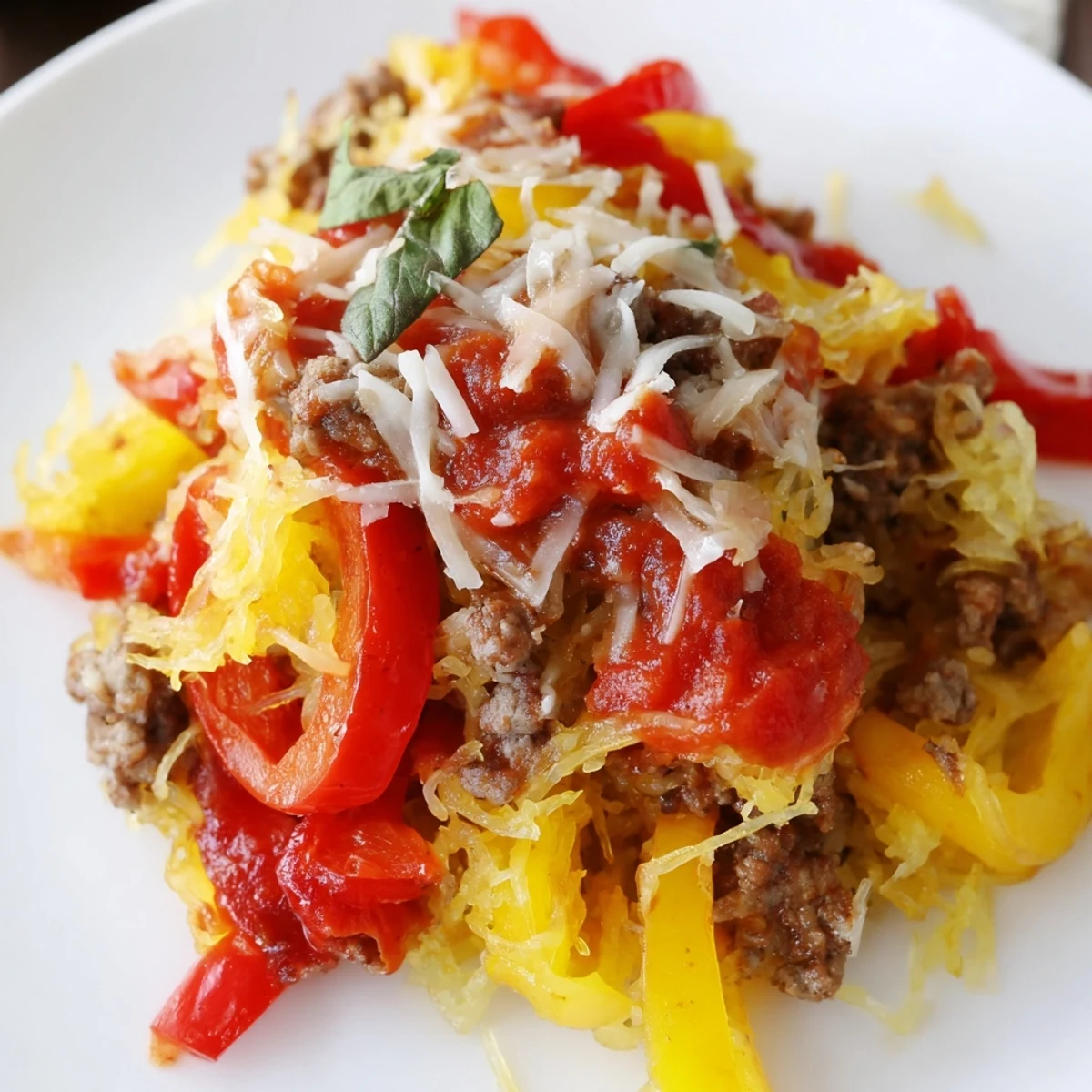 Golden Sausage and Peppers Spaghetti Squash Casserole in a white baking dish, garnished with fresh basil leaves for an Italian-American meal.