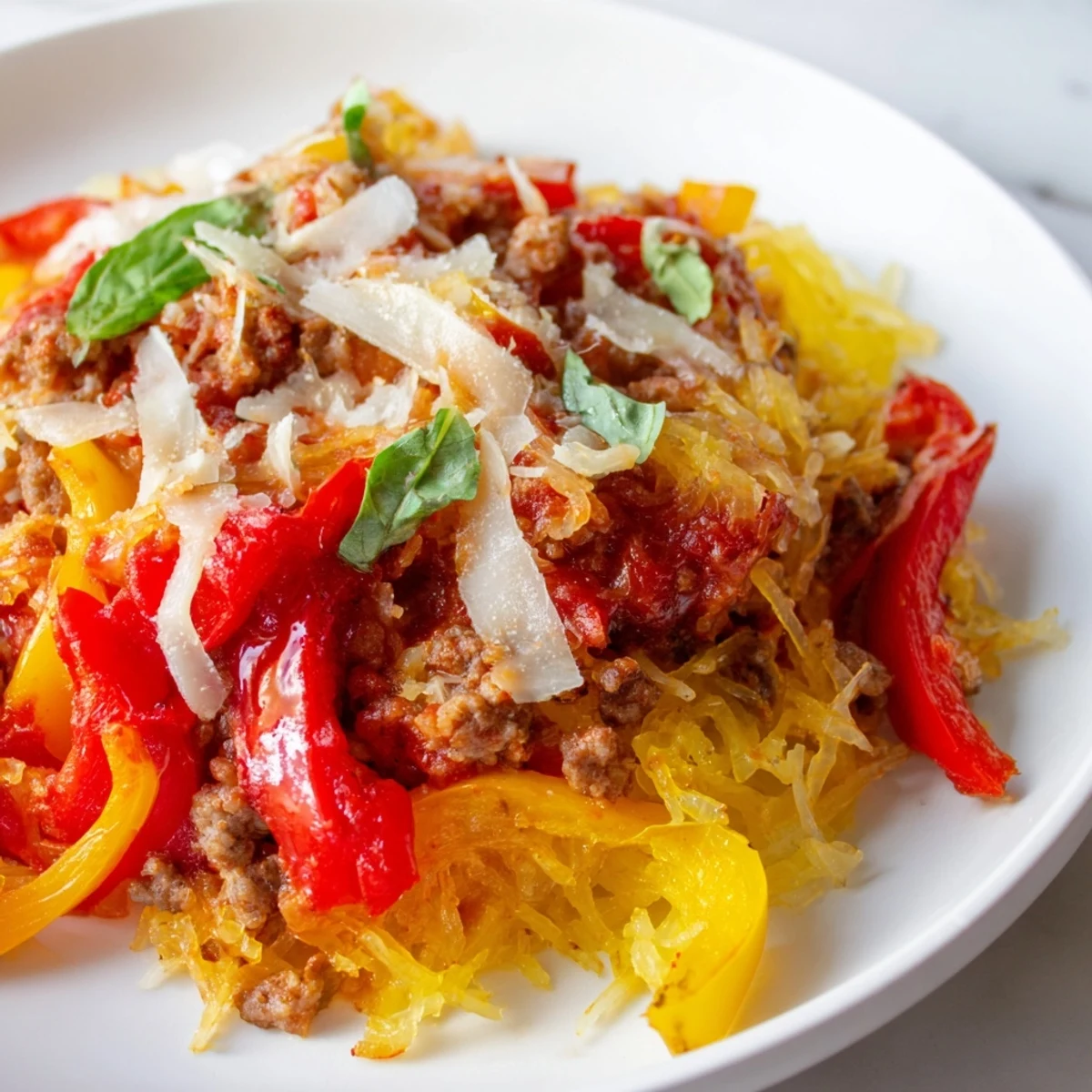 Slice of cheesy Sausage and Peppers Spaghetti Squash Casserole on a plate, revealing strands of roasted squash, sausage, and peppers inside.