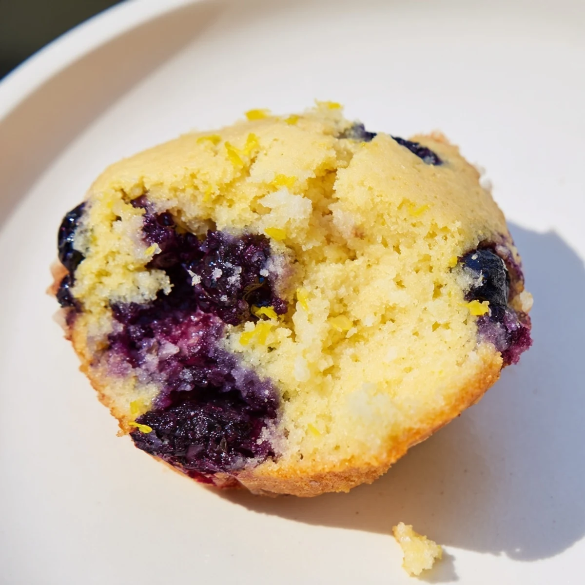 Twelve golden Sourdough Blueberry Muffins sit on a cooling rack, displaying cracked tops and abundant blueberries.