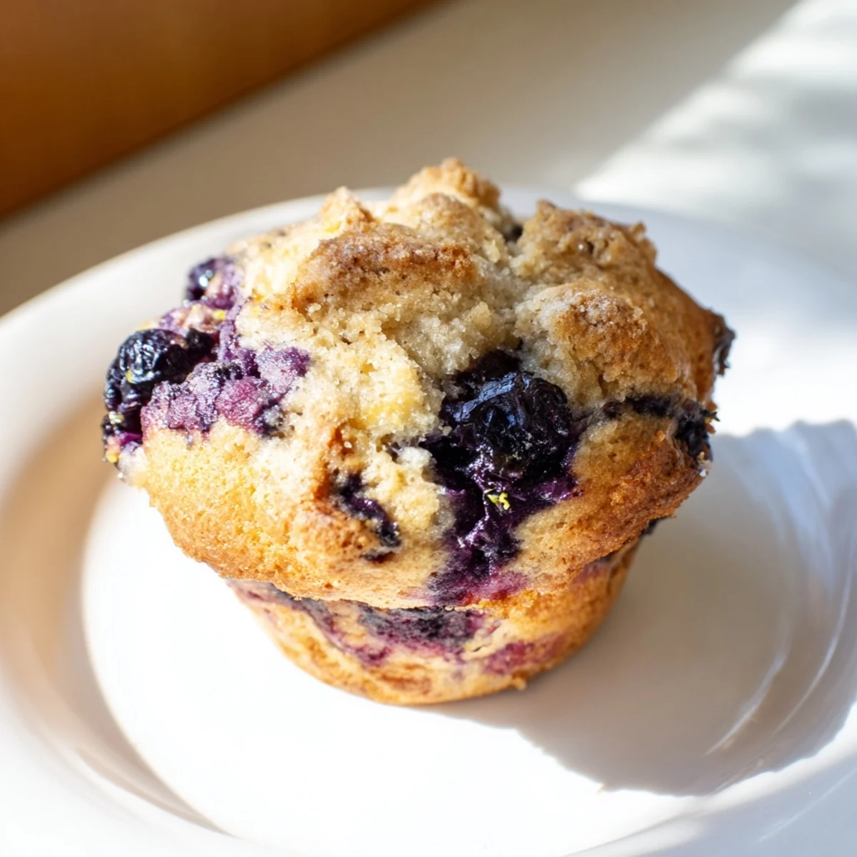 Fresh Sourdough Blueberry Muffins with a tender crumb are arranged neatly on a white plate for serving.