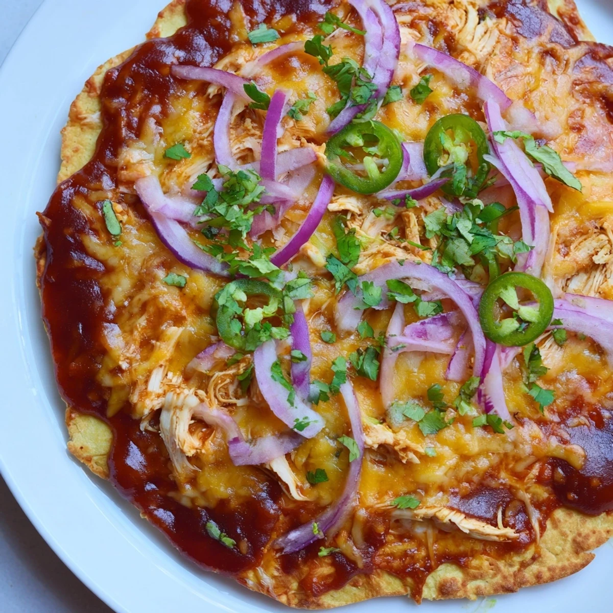 A golden BBQ Chicken Flatbread cut into slices, revealing juicy chicken and melty cheese on a crispy naan base, ready for a weeknight dinner.