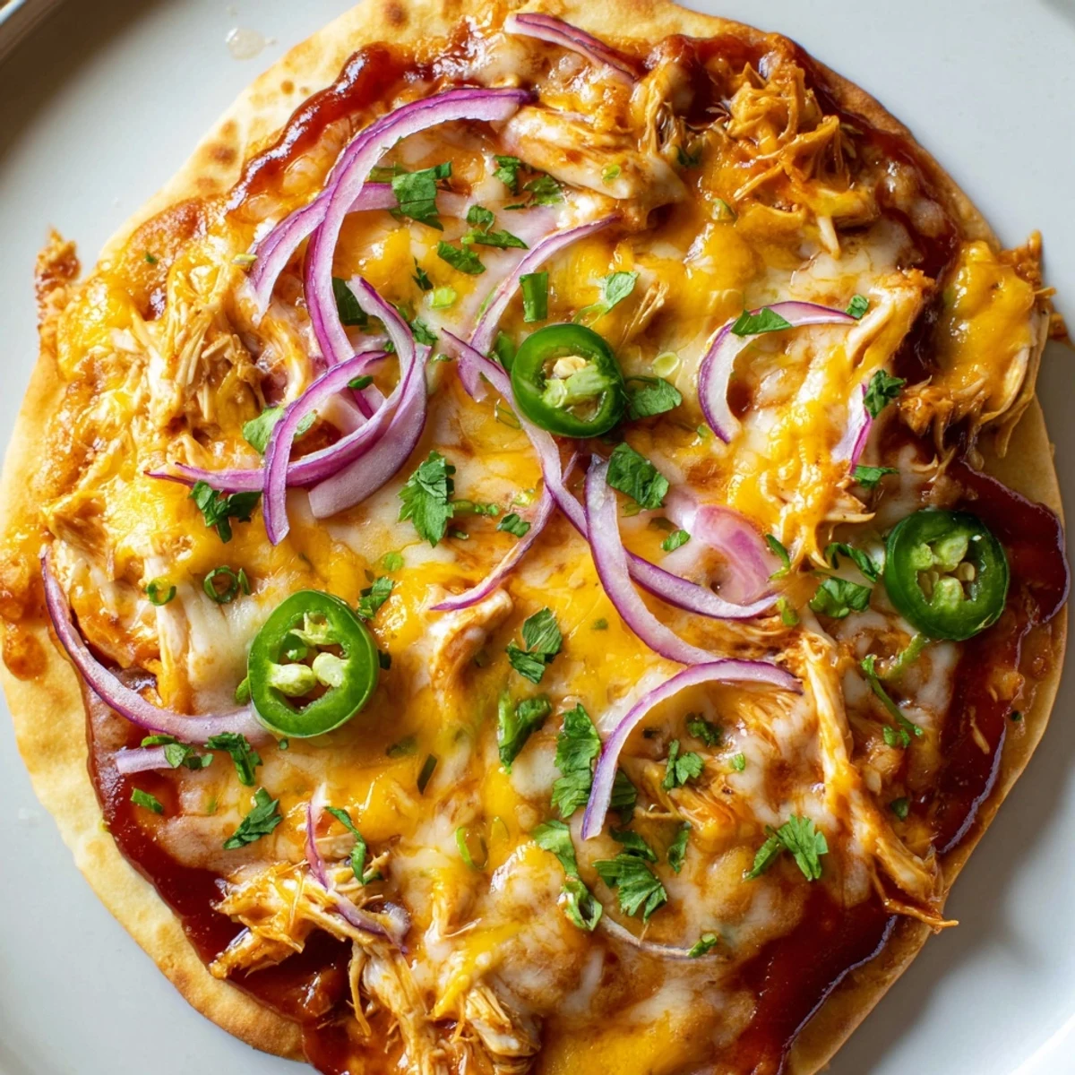 A rustic serving of BBQ Chicken Flatbread topped with fresh cilantro and jalapeños, paired with a chilled lager on a wooden table.