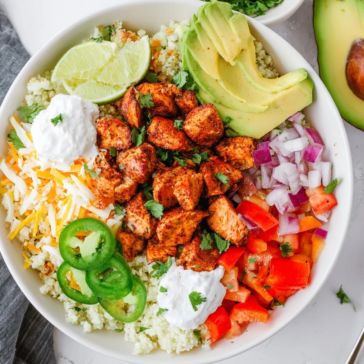 A vibrant Low Carb Burrito Bowl with seasoned chicken, riced cauliflower, and fresh avocado slices ready to enjoy.