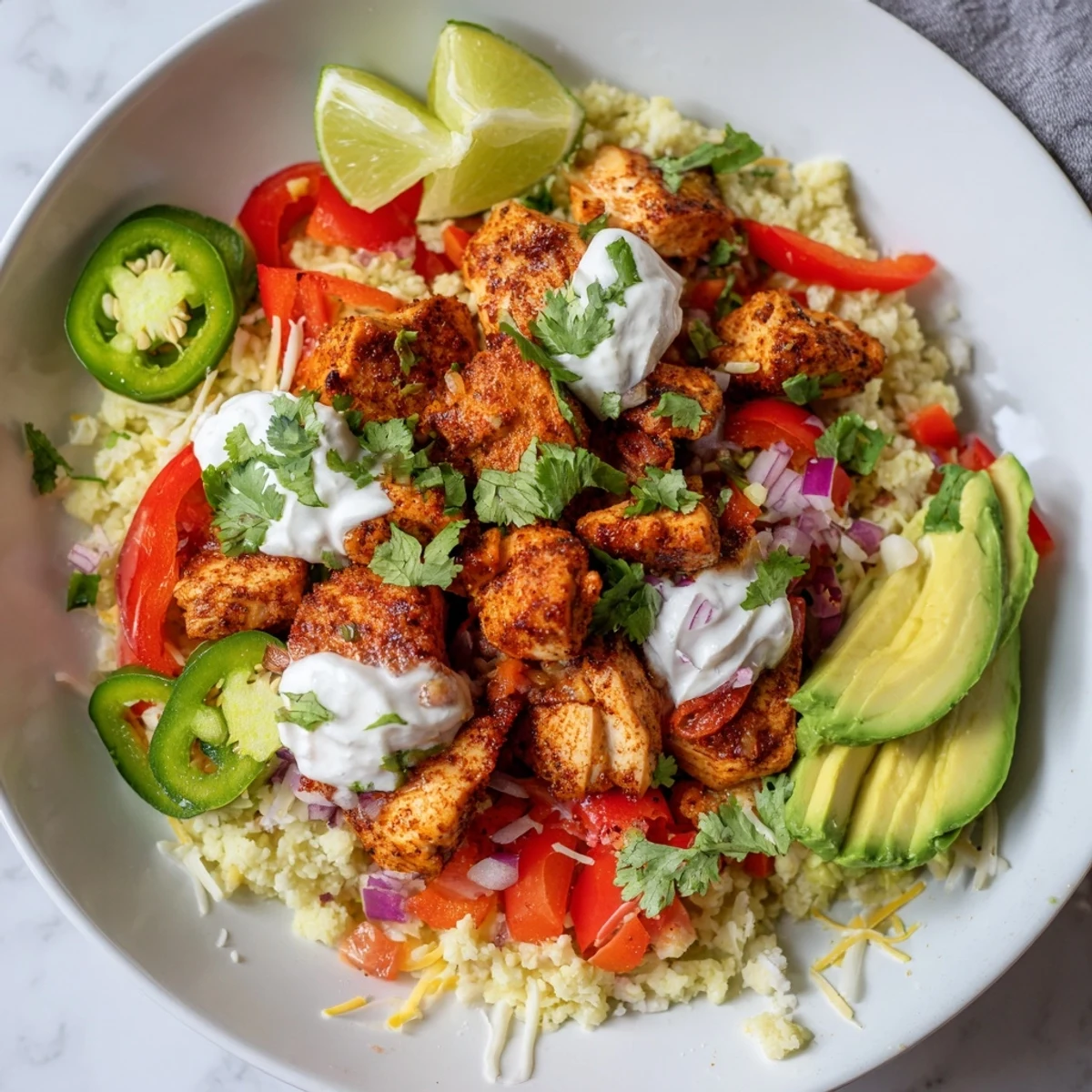 This Low Carb Burrito Bowl features colorful bell peppers, melted cheese, and a dollop of sour cream on top.