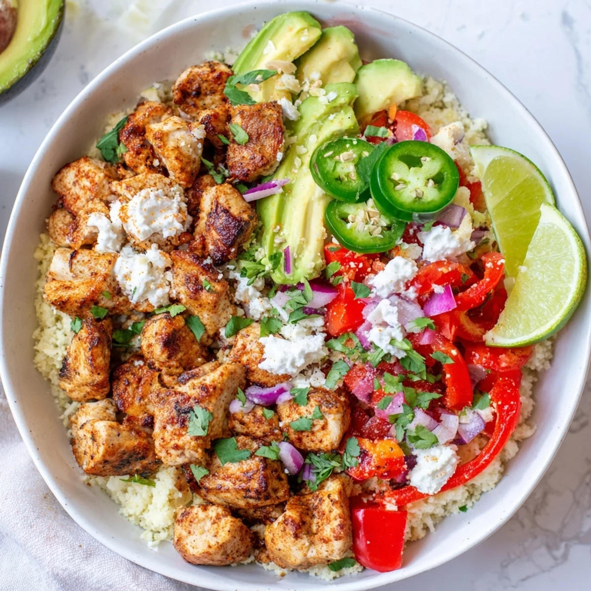 Serve this Low Carb Burrito Bowl with lime wedges and jalapeños for a zesty Mexican-inspired dinner idea.