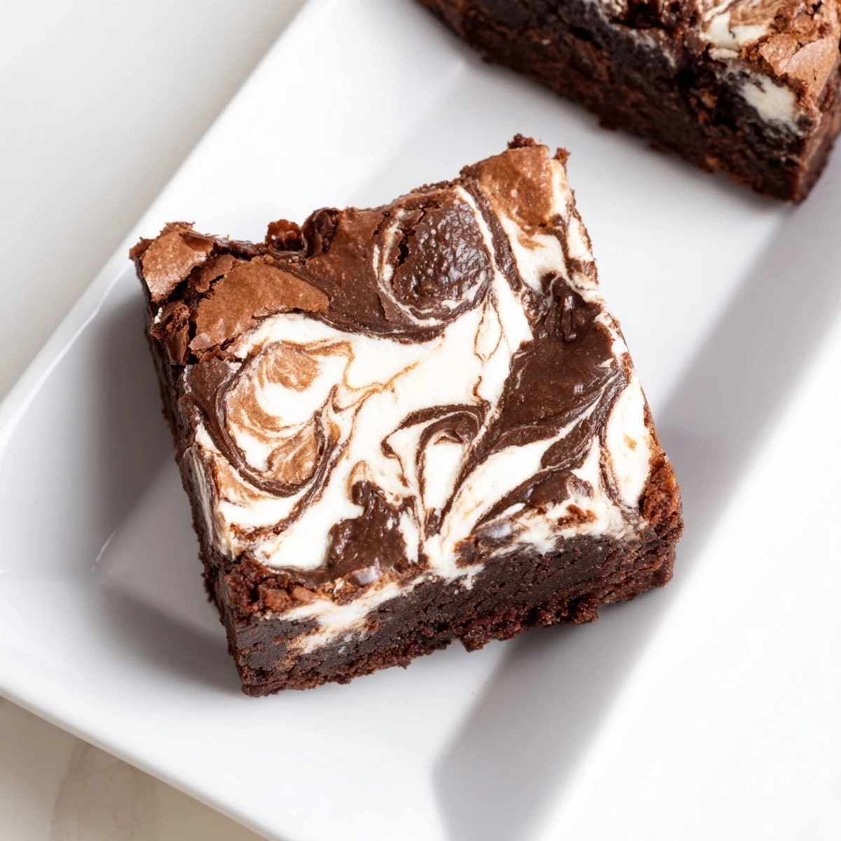 A close-up view of Cottage Cheese Brownies with a rich, fudgy texture and a creamy white swirl baked into the dark chocolate. 