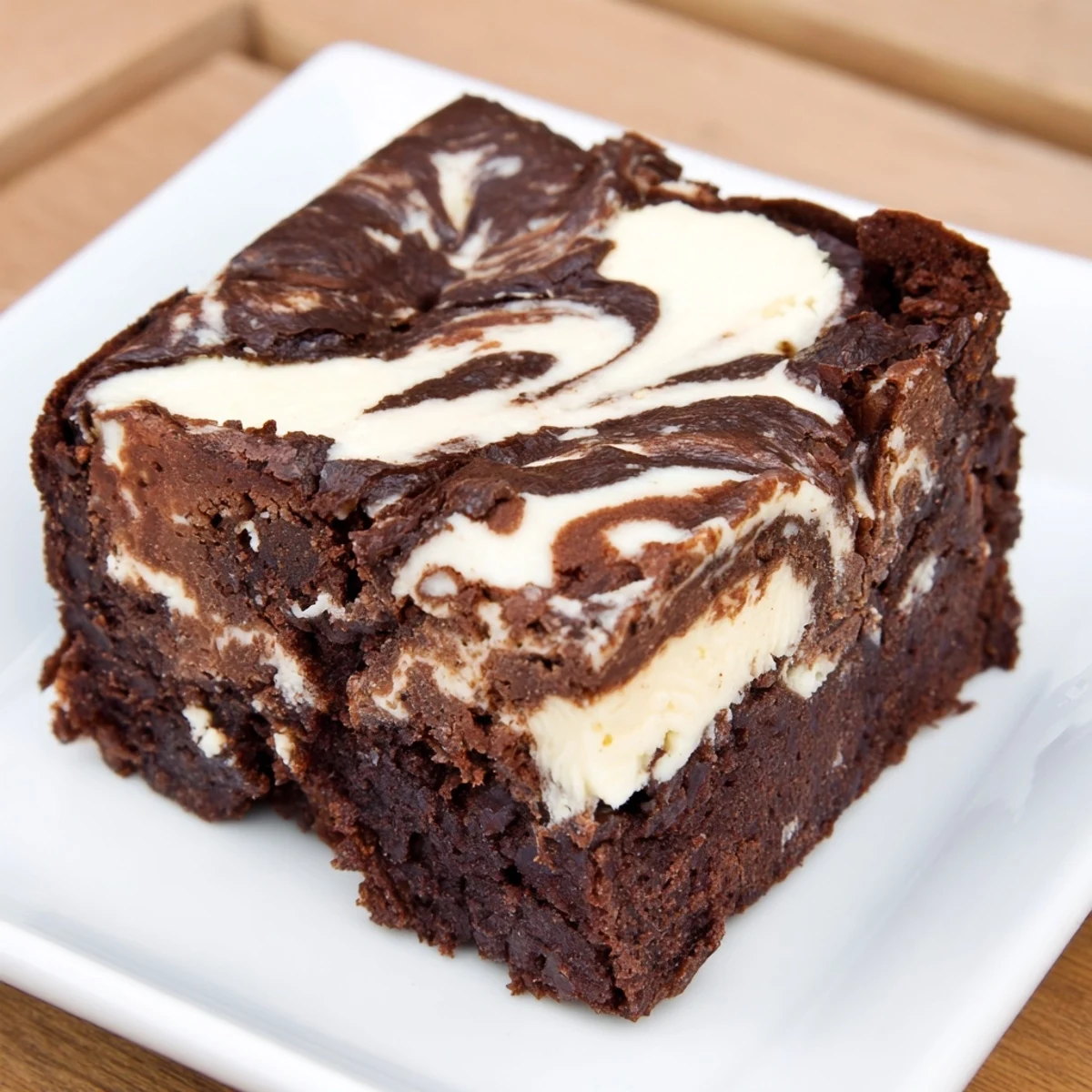 Freshly baked Cottage Cheese Brownies cut into squares on a rustic wooden board, showing a moist, dense crumb and a glossy top. 
