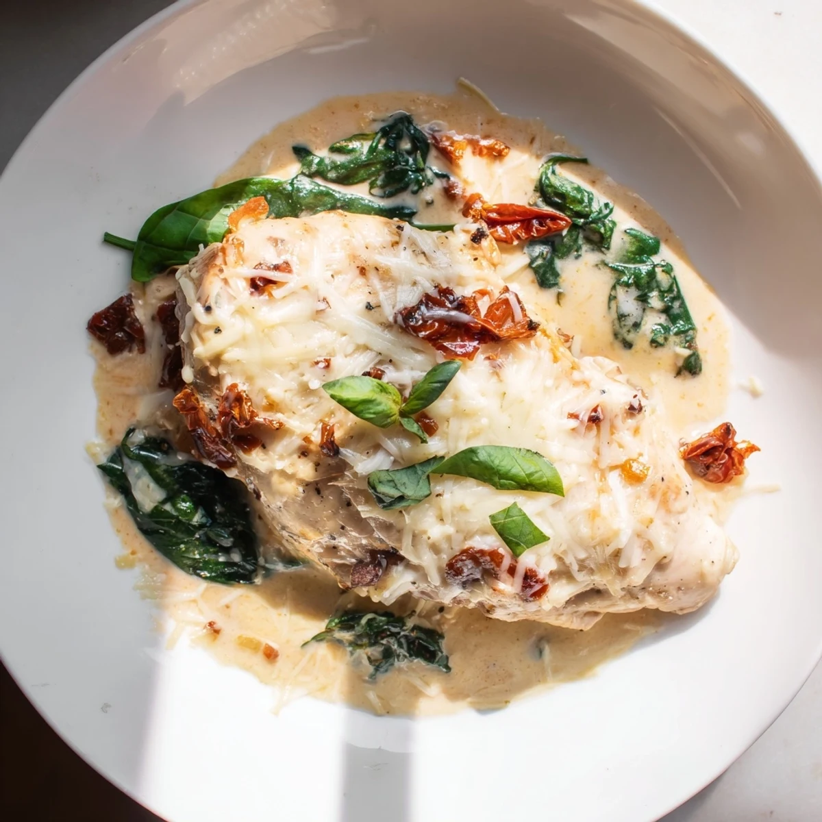 Creamy low carb chicken casserole with golden mozzarella, sun-dried tomatoes, and fresh spinach.