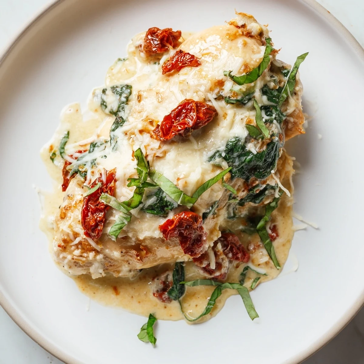 A hearty low carb chicken casserole served hot with bubbly mozzarella and aromatic basil.