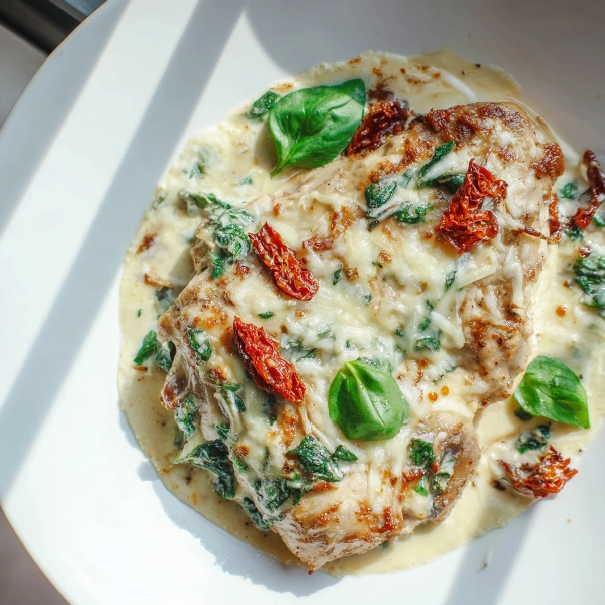 Tender low carb chicken casserole baked with rich cheese sauce and vibrant green spinach.