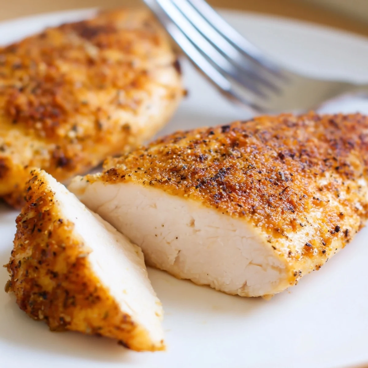 Golden-brown Oven Baked Chicken Breasts rest on a sheet pan next to fresh lemon wedges.