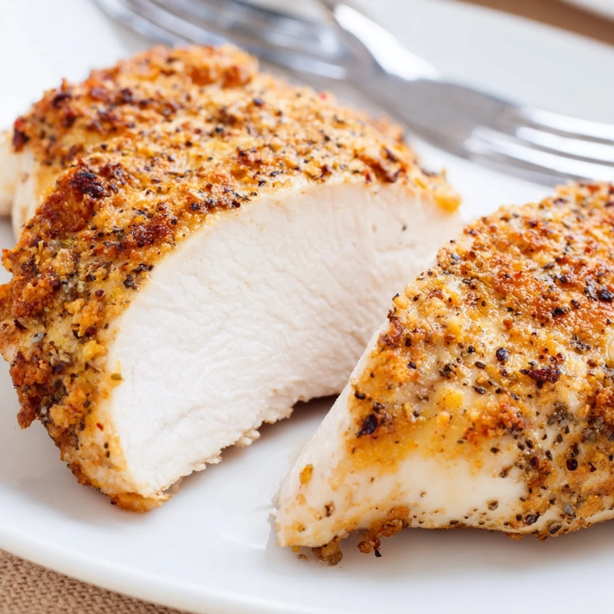 Juicy Oven Baked Chicken Breasts are garnished with parsley and served alongside roasted vegetables.