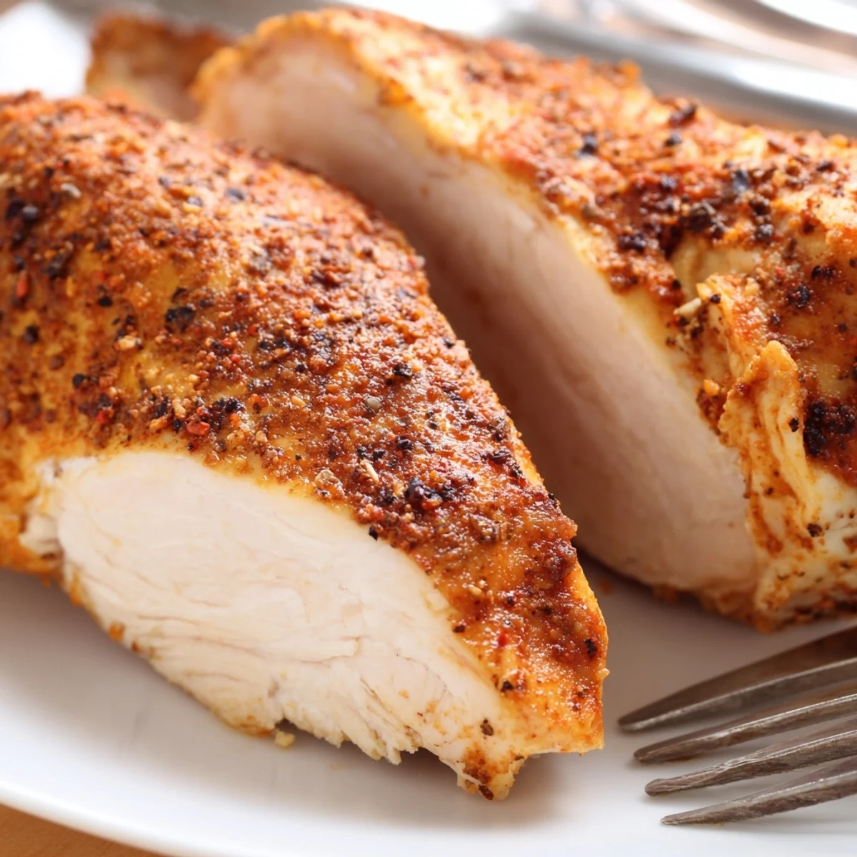 Perfectly seasoned Oven Baked Chicken Breasts sliced neatly on a plate for a family dinner.