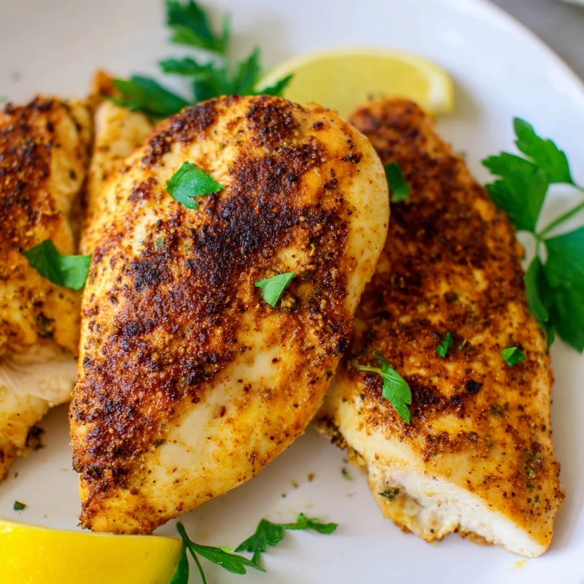 Oven baked chicken breasts served with lemon wedges and parsley beside roasted vegetables and rice.  