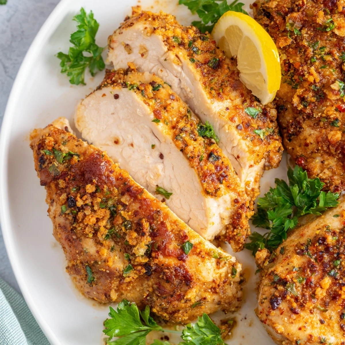 Four golden, oven baked chicken breasts glistening with olive oil and paprika seasoning on a baking sheet.  