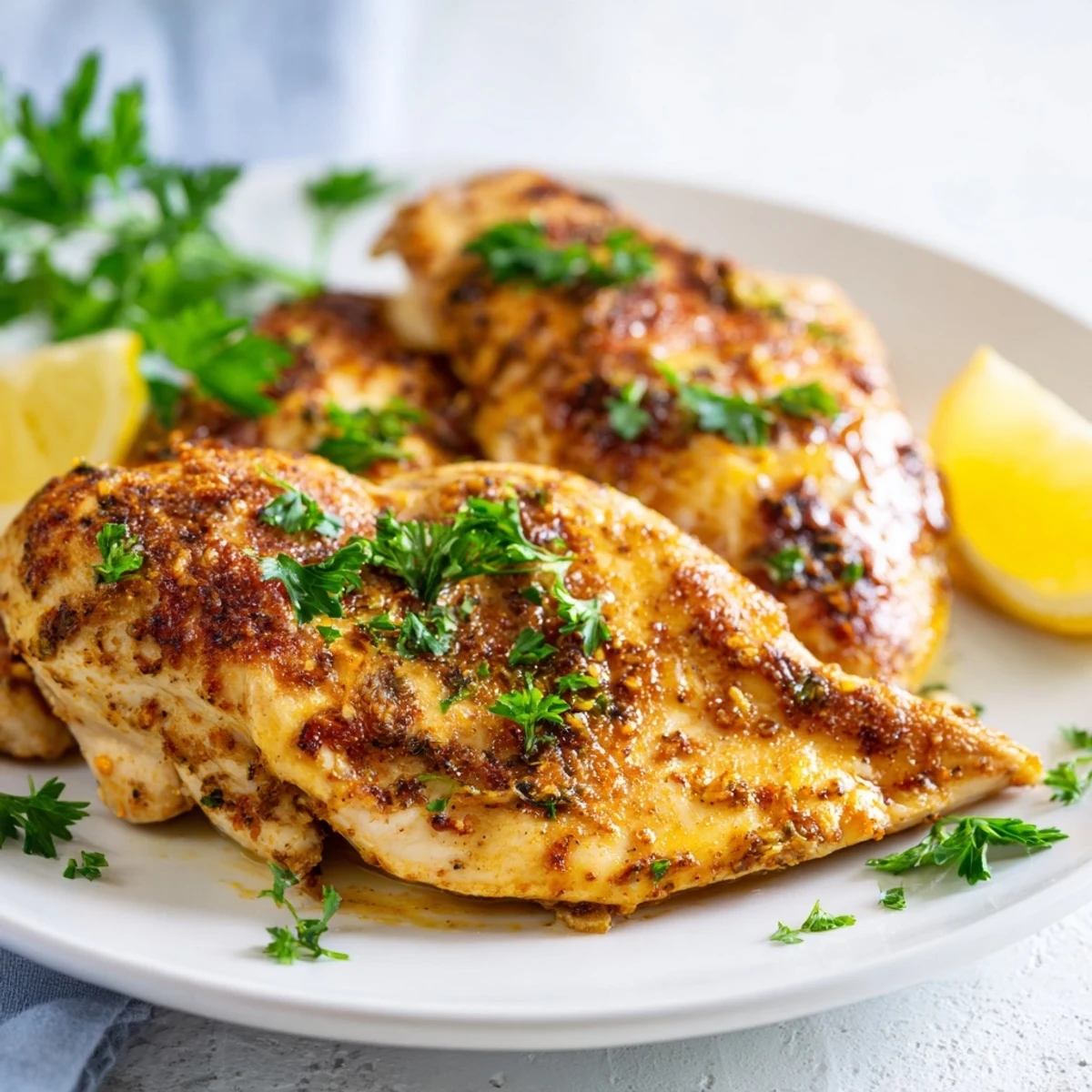 Juicy, perfectly seasoned oven baked chicken breasts resting on a plate ready for a weeknight dinner.