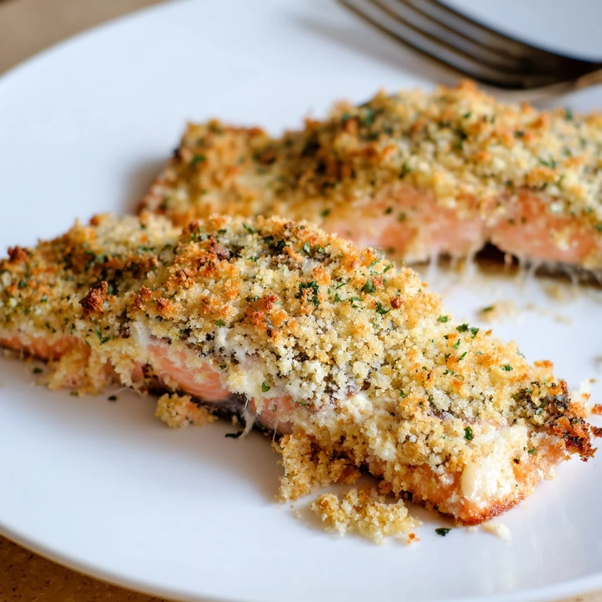 Succulent Crispy Parmesan Salmon Bake with bubbly cheese topping, served alongside a fresh green salad on a white plate.
