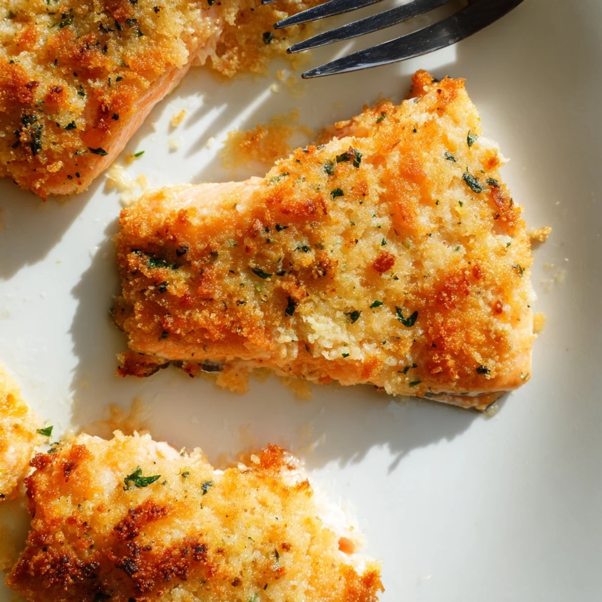 Golden Parmesan crust over baked salmon fillets, garnished with fresh parsley and lemon wedges for a flavorful weeknight dinner.