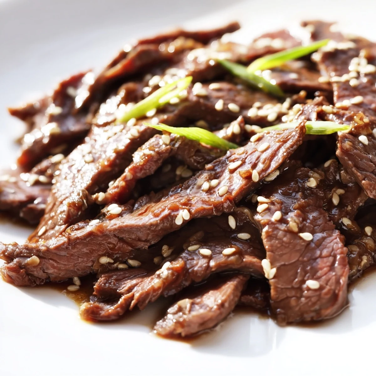 Slow cooker Mongolian beef shows tender beef slices in a glossy brown sauce, garnished with green onions and sesame seeds over steamed rice.